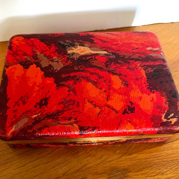 Vintage 60's Mele Jewelry Box Ring Case Travel Abstract Red Floral Clamshell Mid Century Hard Shell Very Nice!