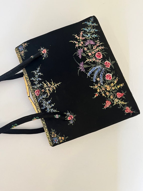 Vintage 50's Evening Bag Clutch Purse Black Flora… - image 4