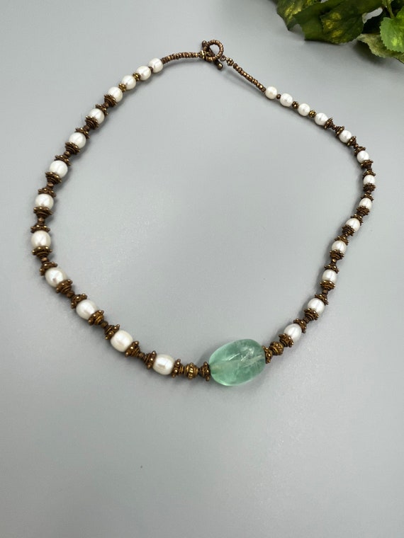 Pearl and Brass Necklace Green Glass Stone Vintage