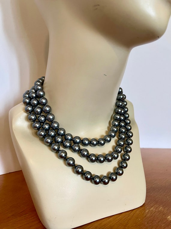 Monet 3 Tier Necklace Gray Beads Chunky Signed Gl… - image 3