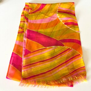 Ray Strauss Silk Scarf Chiffon Layered Fringe Tag Vintage 60&#39;s Orange Pink Yellow Fuchsia Long Fab Bold and Mod Made in USA