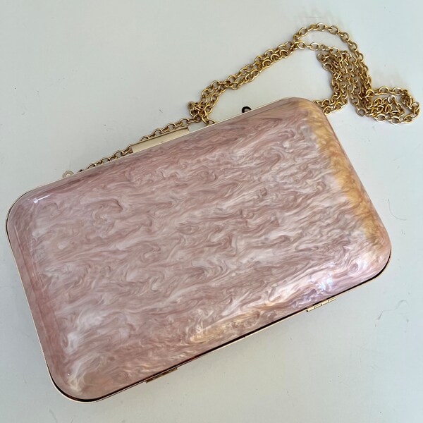 Pearlized Pink Clutch or Crossbody Goldtone Chain Vintage Charm Floral Lining So Pretty Y2K Vintage