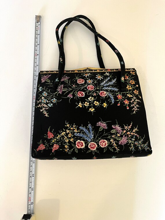 Vintage 50's Evening Bag Clutch Purse Black Flora… - image 8