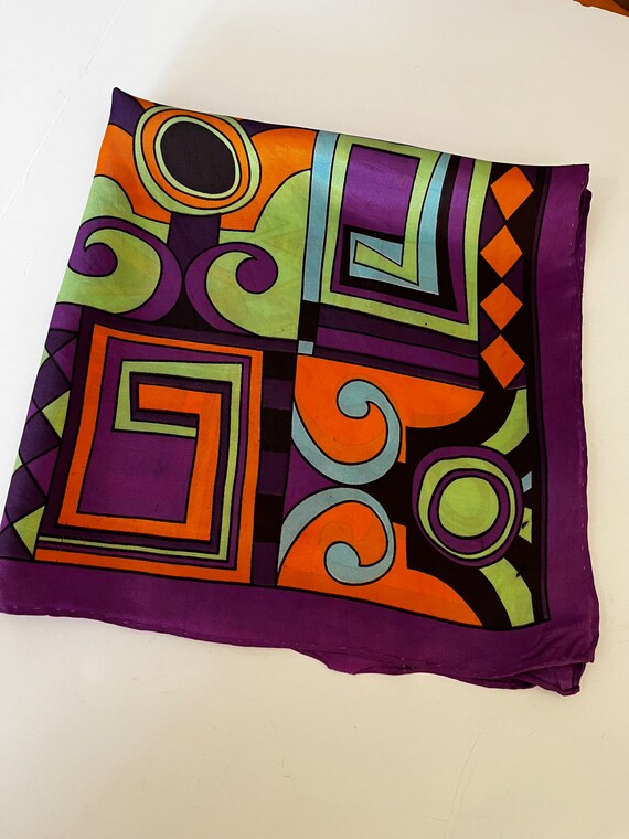 Vintage Mod Bold Scarf Silk Blend Purple Orange B… - image 2