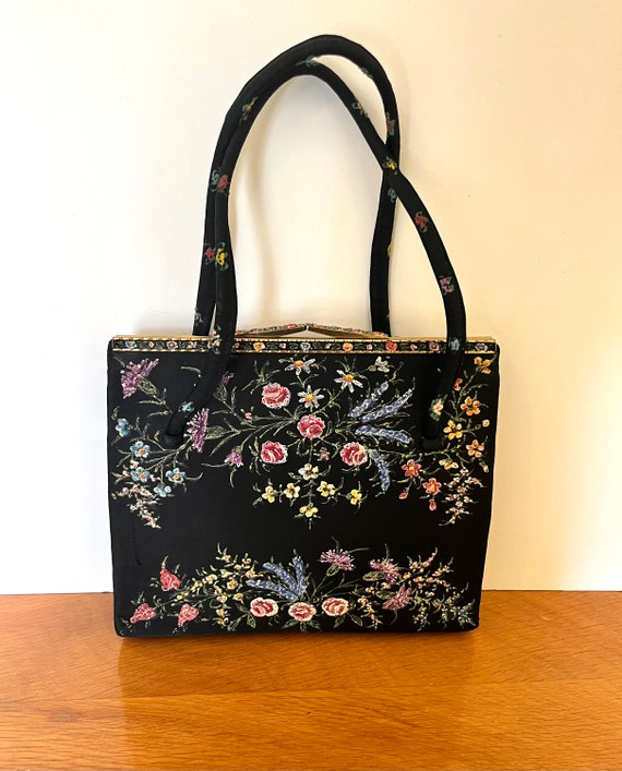 Vintage 50's Evening Bag Clutch Purse Black Flora… - image 1