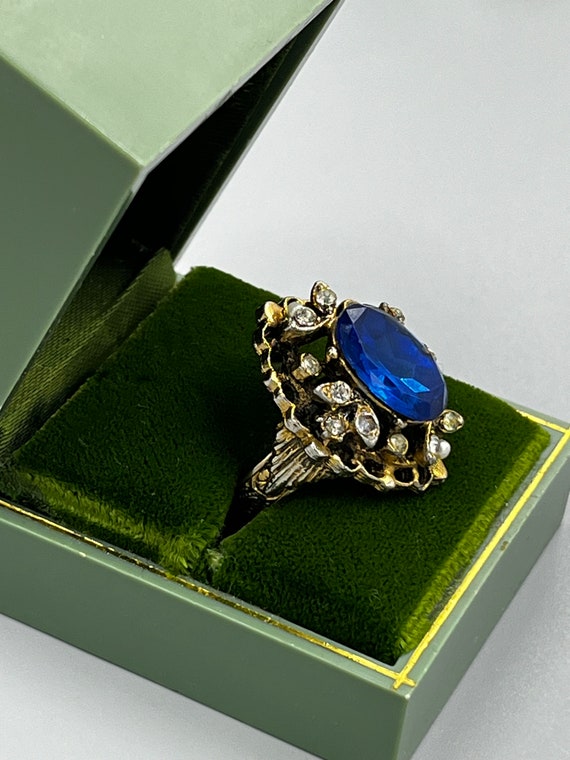 Vintage Bold Cocktail Ring Blue Stone Rhinestone … - image 3