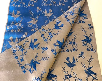 Vintage Silk Scarf Dresser Runner Blue Gray Birds Fringe Reversible Stunning Long 60's Estate