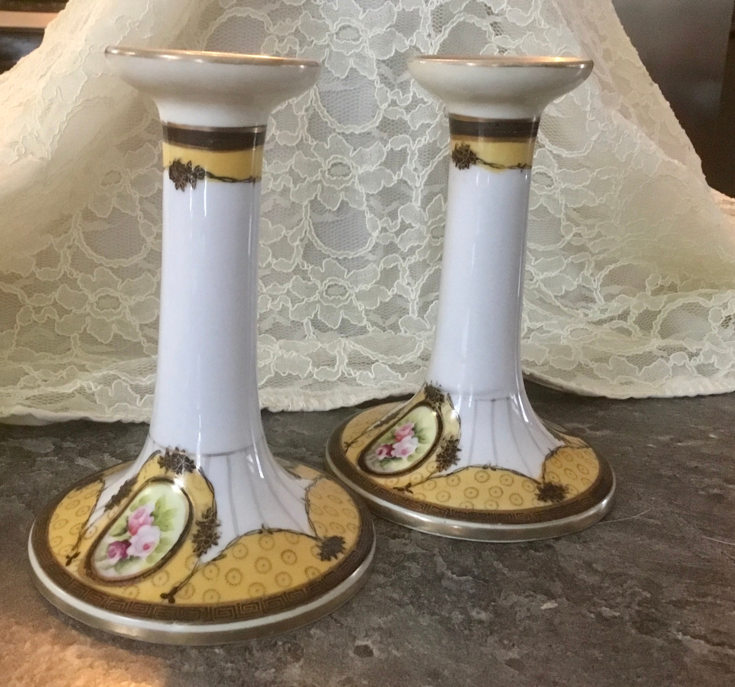 Antique Candle Holders Noritake Hand Painted Japan Floral Etsy