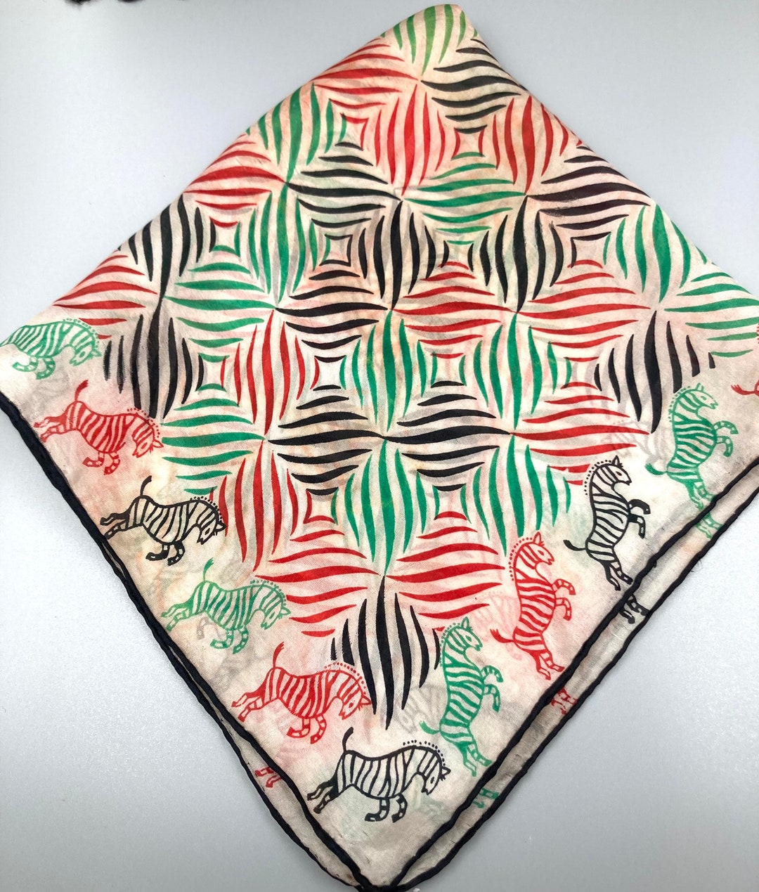 1940s Silk Scarf Zebras Mod Black Green Red Hand Rolled Japan Hanky