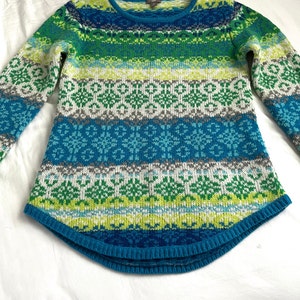 Vintage J Jill Wool Faire Isle Sweater Charming Scoop Neck 3/4 Sleeve Blue Green Yellow Size Small Stunning Cottagecore Vintage 90's