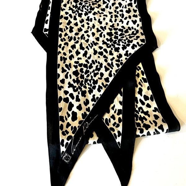 Anne Klein Silk Scarf Animal Print Black White Long Wingtip Headscarf Bold Cheetah Vintage 80's Exquisite Signed