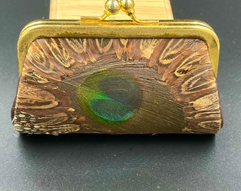 Vintage 60's Coin Purse Accessory Genuine Peacock Feather Kiss Lock Darling Vanity Accessory Wallet Lipstick Holder Very Cool