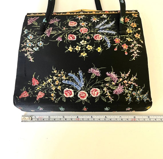 Vintage 50's Evening Bag Clutch Purse Black Flora… - image 9