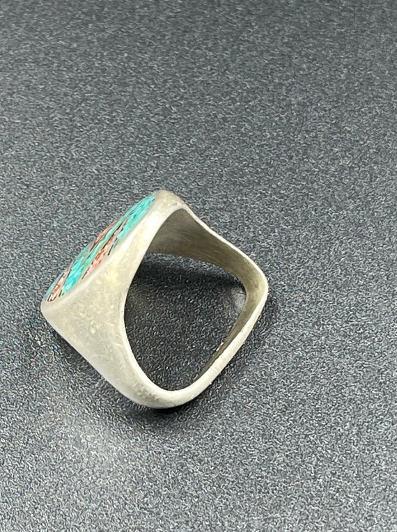 Vintage Sterling Turquoise Inlaid Ring Heavy Band… - image 5