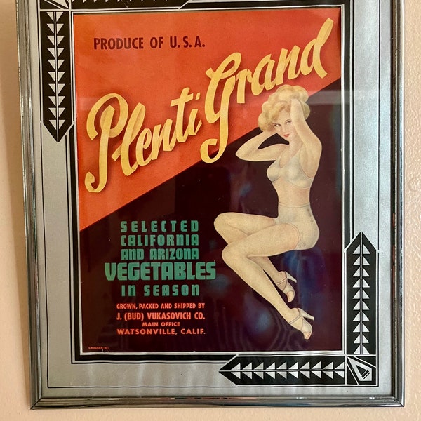 Vintage Pin Up Picture Deco Framed Bathing Beauty Risque Woman Lady California Vegetable Ad Fabulous