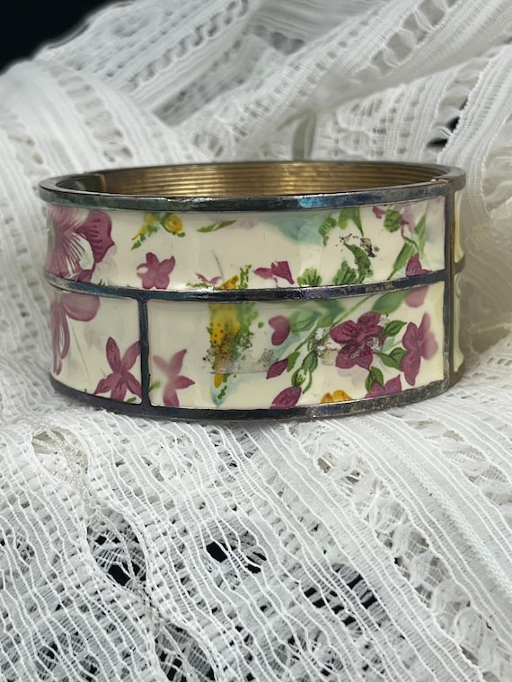 60's Brass Enamel Chunky Bracelet Bold Floral Pink