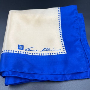 Anne Klein Silk Scarf Large Square Cobalt Blue White Bold Classic Signed Robinson Golluber Vintage late 60's-early 70's Hand Rolled Japan