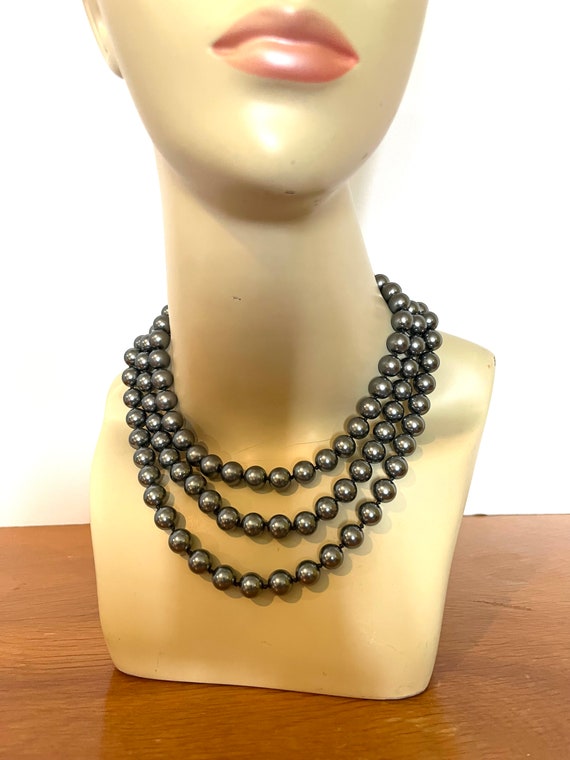 Monet 3 Tier Necklace Gray Beads Chunky Signed Gl… - image 1