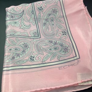 Echo Silk Scarf Pink Gray Square Paisley Boho Soft Light Airy Signed Tag Hand Rolled Japan Vintage 70s-80s