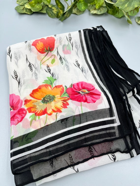 Vintage Silk Chiffon Scarf Black White Floral Hand