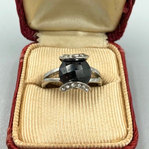 Vintage Cocktail Ring Black Stone CZ Checkered Cut Signed Camille Lucie Size 8 Estate Excellent Mod