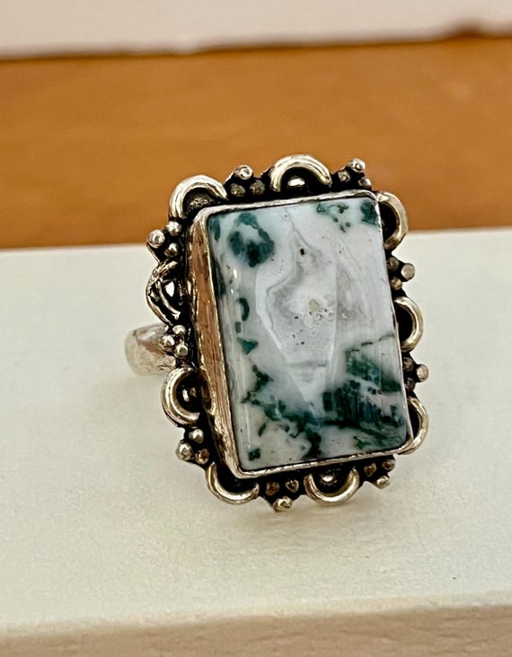 Sterling Tree Agate Ring Chunky Silver Artisan Gr… - image 1