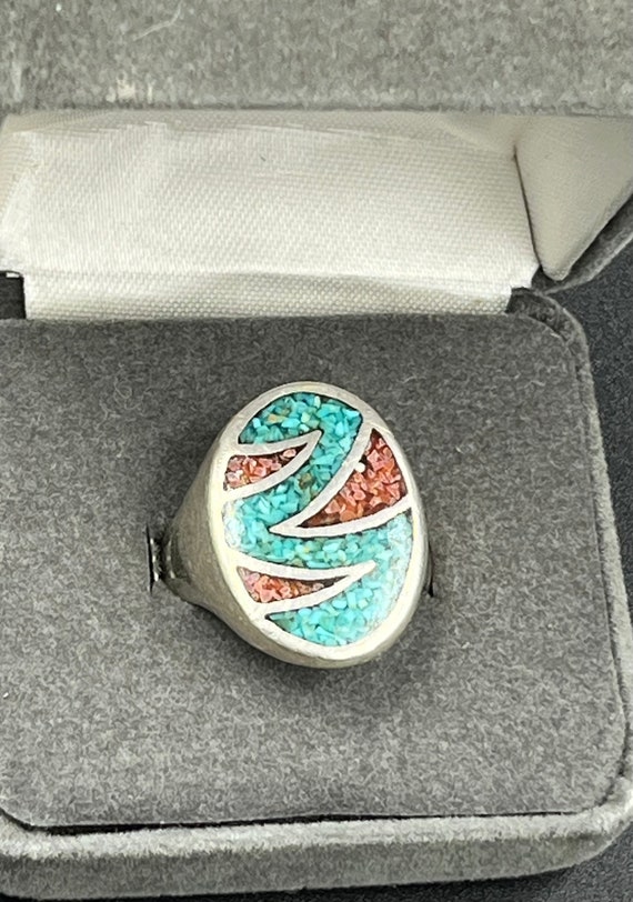 Vintage Sterling Turquoise Inlaid Ring Heavy Band… - image 2