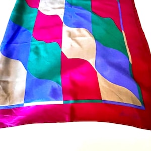 Ginnie Johansen Enorme bufanda de seda con bloques de color, estilo vintage de los años 80, cuadrada, fucsia, rosa, verde, gris, azul cobalto, moderna, llamativa, vintage, fabulosa