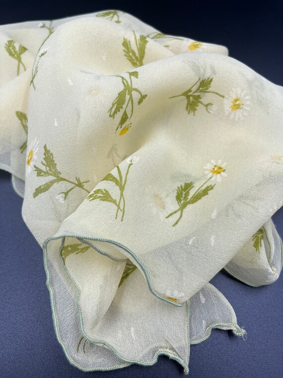 Vintage Sik Scarf Chiffon Daisies Pale Yellow Gre… - image 3