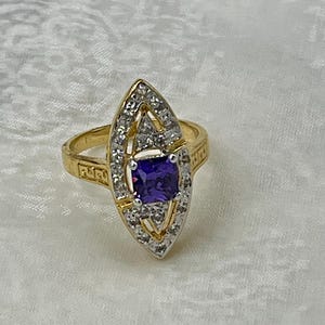 Vintage Cocktail Ring 14K Gold Electroplate CZ Stones &quot;Amethyst&quot; Marquis Cut Bold Statement Dressy Size 7 Estate