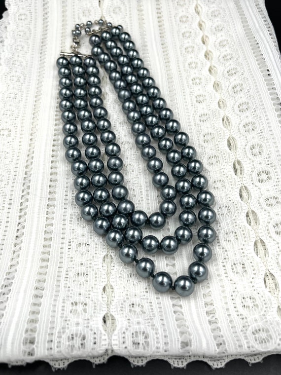 Monet 3 Tier Necklace Gray Beads Chunky Signed Gl… - image 4