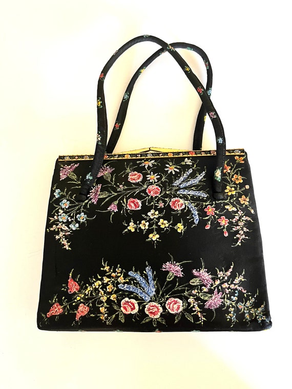 Vintage 50's Evening Bag Clutch Purse Black Flora… - image 3