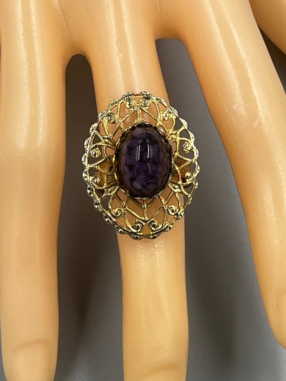 Vintage Purple Cocktail Ring Chunky Bold Filigree… - image 3