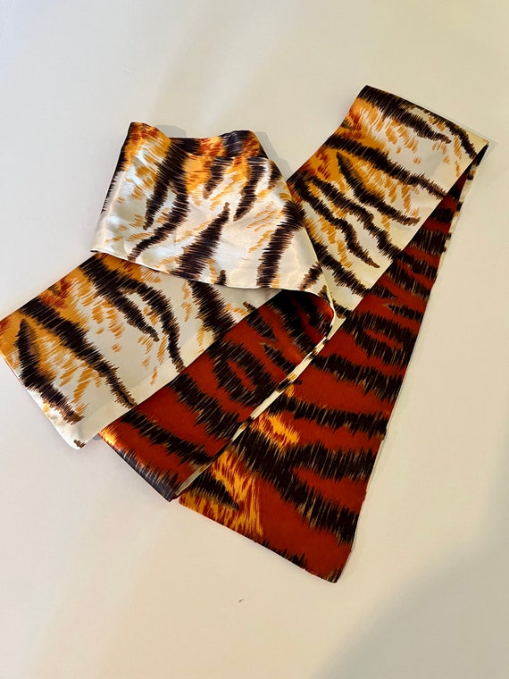 Vintage Silk Tiger Scarf Headscarf Flames Narrow … - image 3