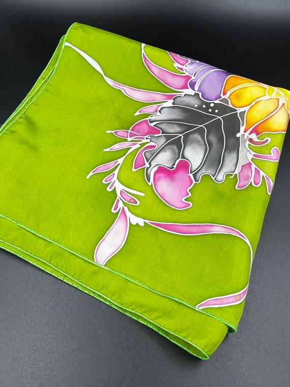 Silk Scarf Vintage 80's Bold Bright Floral Green … - image 2