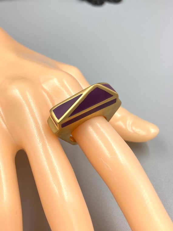 Isharya Ring Bold Goldtone Purple Enamel Signed In