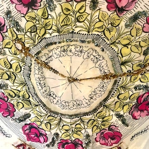Rare 40's Glentex Huge Scarf Crepe Rayon? Silk? Clock Sequins Clouds Sun Moon Mod Floral Black Gray Pink Vintage Estate!