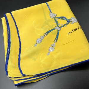 Must de Cartier Paris Silk Scarf Yellow Blue Jewels Embossed Logo Large Square Fabulous Vintage 70s or 80s Estate Find Hand Rolled French