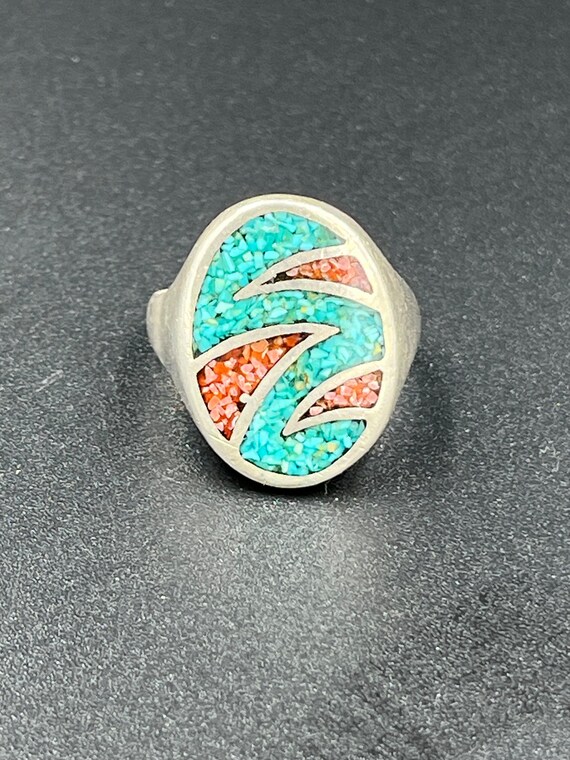 Vintage Sterling Turquoise Inlaid Ring Heavy Band… - image 3