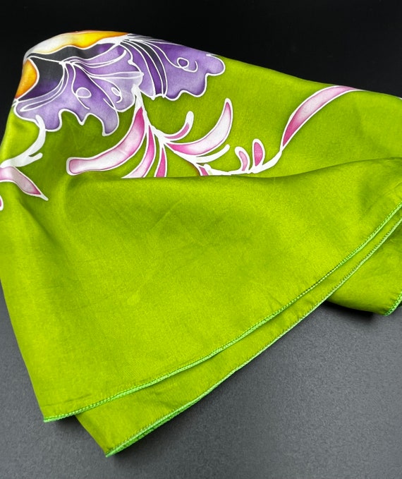 Silk Scarf Vintage 80's Bold Bright Floral Green … - image 4