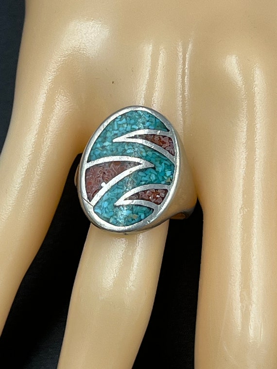 Vintage Sterling Turquoise Inlaid Ring Heavy Band… - image 1