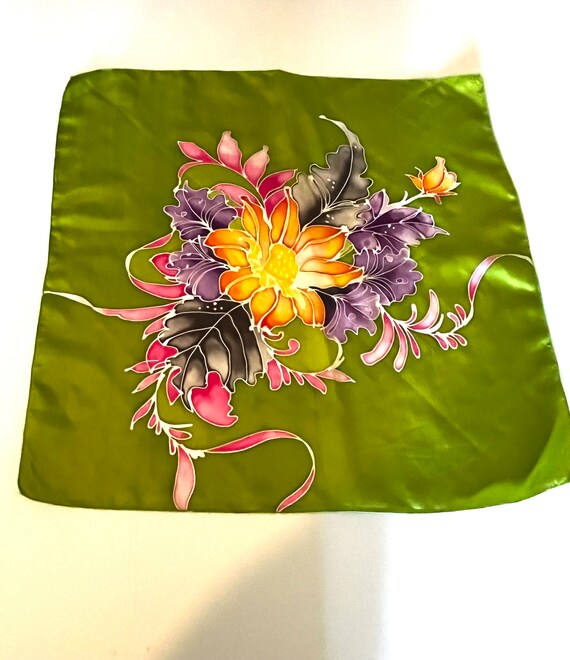 Silk Scarf Vintage 80's Bold Bright Floral Green … - image 3