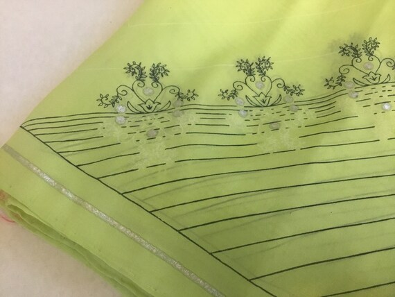 50’s Silk Scarf Vintage Green Black Painted Silver