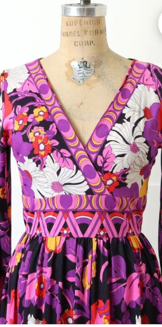 70's Maxi Dress Pucci Style Purple Pink Yellow Bla
