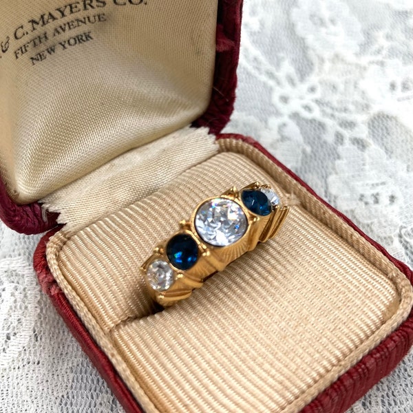 Monet Vintage Cocktail Ring Signed Sapphire Crystal Goldtone Size 5 3/4 Stunning