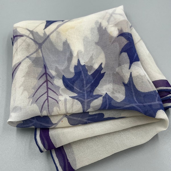 Vera Ladybug "Verasheer" Scarf Silk Lavender Purple White Blue Leaves Square Chiffon Sheer Vintage 50's Hand Rolled Japan