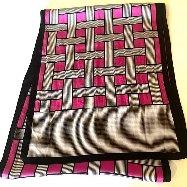 Vintage Bold Silk Scarf Long Fuchsia Pink Black Grid Stripe Headscarf Excellent 80's