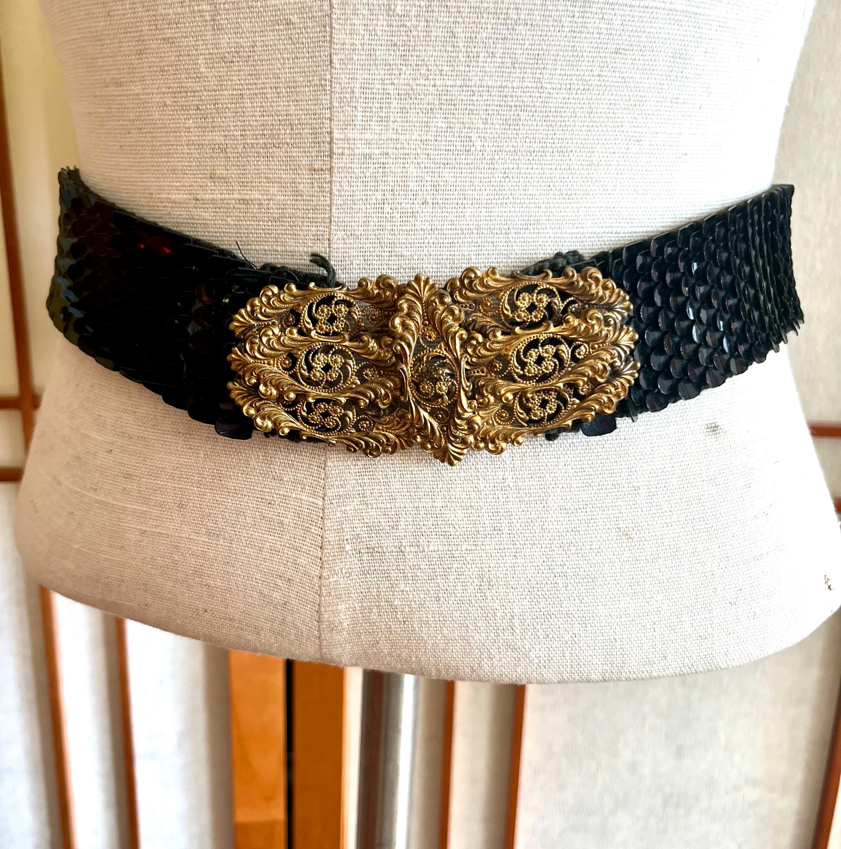 Vintage Black Full Grain Belt With Gold Chunky Textured Buckle Wide Belts for Women Fashion Elastic Belt for Dresses  main image 4