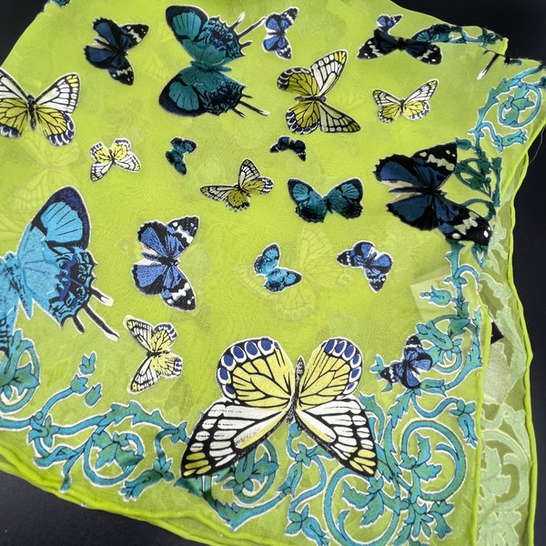 Vintage Italian Scarf Square Lime Green Hand Rolled Edges Bold Mod Butterflies Chiffon Semi Sheer Signed Tag Fabulous