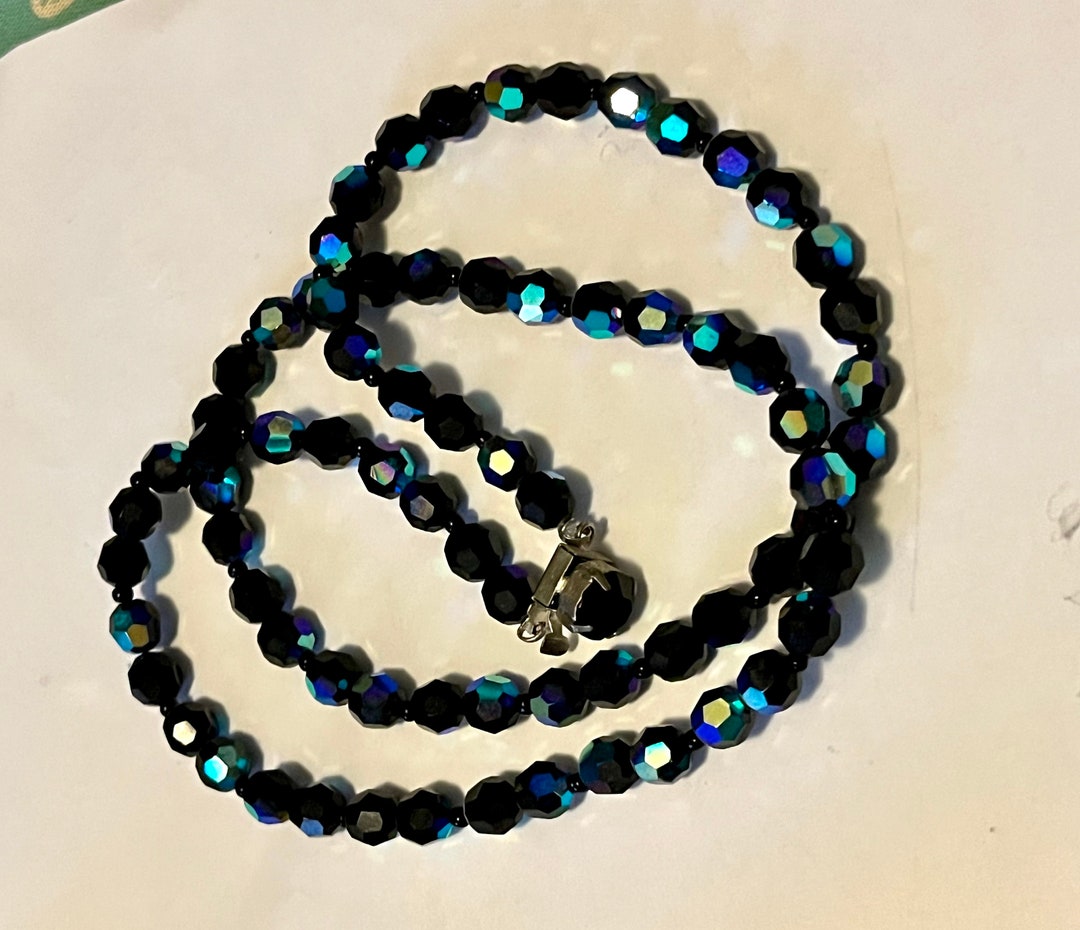 Czech Cut Glass Necklace Blue Iridescent Radiant Prague Beads Etsy